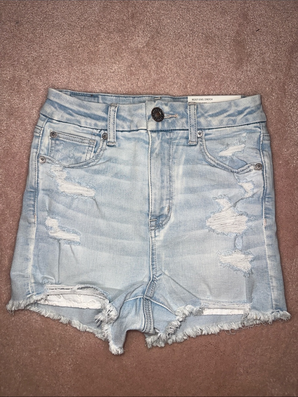 American Eagle Curvy Hi Rise Shortie Lace Pocket Blue Distressed Jean Shorts NWT